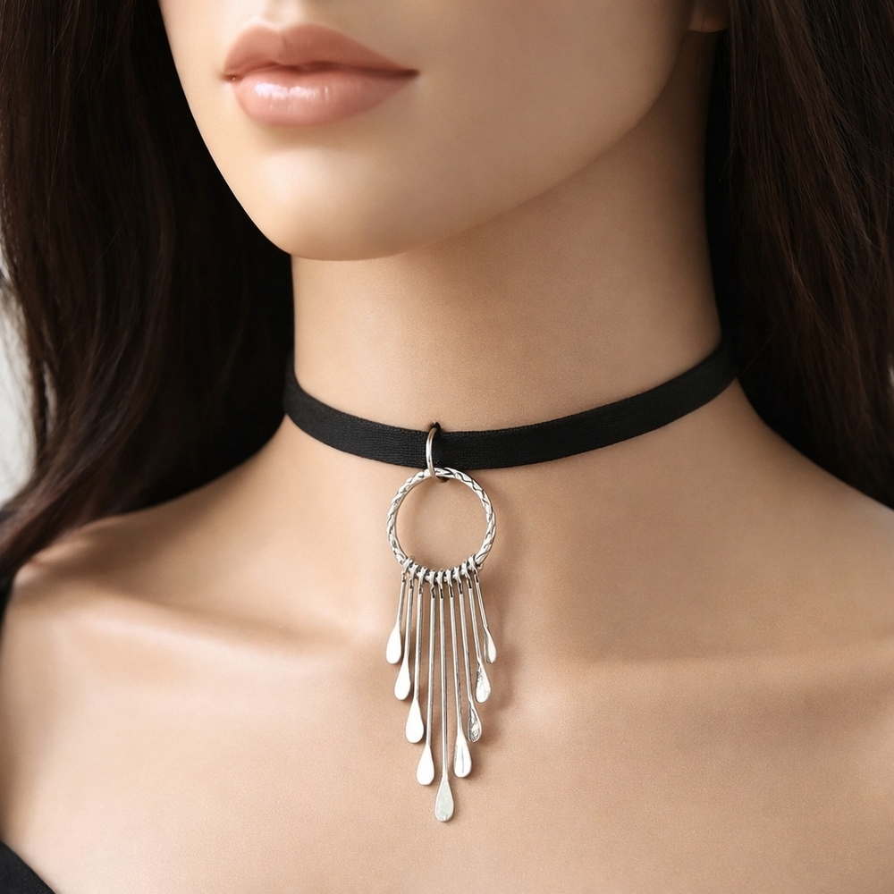 Black Leather Silver Fringe Choker – Adjustable Statement Necklace - Women